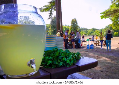 Ottawa, Canada - August 26,2019 - Lemonade And Mint In Dispenser On Swedish Ukrainian Picnic Barbecue Party In The Canadian Park During The Independence Day In Summer