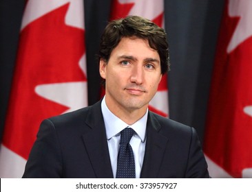 OTTAWA, CANADA - FEB 8, 2016: Prime Minister Justin Trudeau announces all Canadian airstrikes against the Islamic State in Iraq and Syria (ISIS) will cease by Feb. 22, 2016. 

