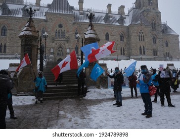 Ottawa, Canada. February 22nd, 2021. As Canadian Parliament Debates A Motion To Formally Declare Crimes Against Uyghur Muslims In China A Genocide, A Rally In Front Of The Parliament