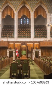 OTTAWA, CANADA - JANUARY 4, 2018:  The ornate throne chair, used by the Speaker of the House, sits in the middle of the House of Commons of the Parliament of Canada.