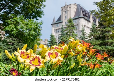 Ottawa, Canada - July 2022 : Blurred View Of The Fairmont Chateau Laurier With Yellow Flowers In The Foreground