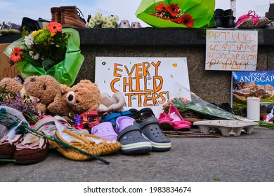 Ottawa, Canada. June 1, 2021. Memorial In Tribute To 215 Aboriginal Children Whose Remain Found In Residential School In Kamloops. Every Child Matters Sign By Toys And Shoes Dropped In Memory