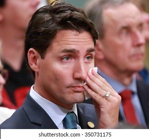 OTTAWA, CANADA - JUNE 3, 2015: Liberal Leader Justin Trudeau Watches A Video At Rideau Hall That Includes Testimony About Abuses Of Former Residential School Students.
 