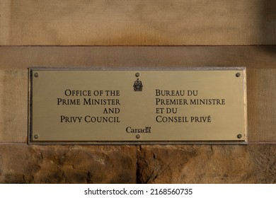 Ottawa Canada May 21 2022: Sign Office Of The Prime Minister And Privy Council In French And English With Canadian Coat Of Arms 80 Wellington Street.