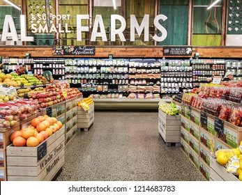 OTTAWA, CANADA - OCTOBER 10, 2018: Interior of a Whole Foods supermarket in Landsdowne, Ottawa. Whole Foods Market, Inc. is an American foods supermarket chain headquartered in Austin.