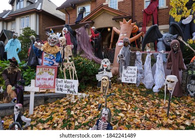 Ottawa, Canada.  October 27, 2020. Halloween Decoration Featuring Many Scary Mannequins On Front Yard