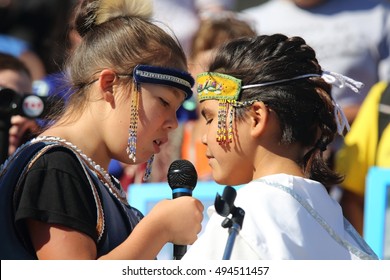 OTTAWA, CANADA - OCTOBER 4, 2016: Young Inuit Throat Singers Perform On Parliament Hill Oct. 4 At A Vigil Honoring Missing And Murdered Indigenous Women.
