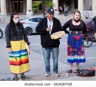 Ottawa, Canada.  September 23, 2020.  Local First Nations Groups Sing Ceremonial Songs And Hold Space To Bring To Protest Injustice From The Canadian Government And The Policy Force