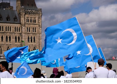 Ottawa, Canada.  September 28th, 2020. Uyghuristan Flag Flying At  Stop Uyghur Genocide And Call For Action Rally