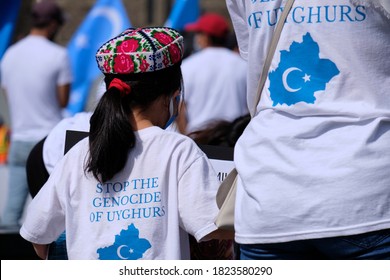 Ottawa, Canada.  September 28th, 2020. Young Girl Seen From Back With  Stop Uyghur Genocide T-shirt At Rally Organised By The Uyghur Rights Advocacy Project (URAP) On Parliament Hill In Ottawa.