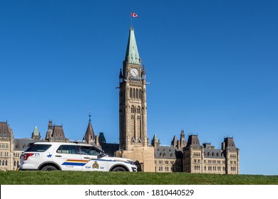 Ottawa, Canada, September 6, 2020; A Royal Canadian Mounted Police RCMP Cruiser Near Parliament Hill In Ottawa With The Peace Tower In The Background