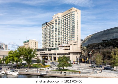 Ottawa, Canada, September 6, 2020; The Ottawa Westin Hotel Near The Rideau Canal And The Black Curved Glass Wall Of The Shaw Centre Convention Centre