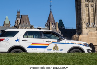 Ottawa, Canada, September 6, 2020; A White Royal Canadian Mounted Police RCMP Cruiser Near Parliament Hill In Ottawa