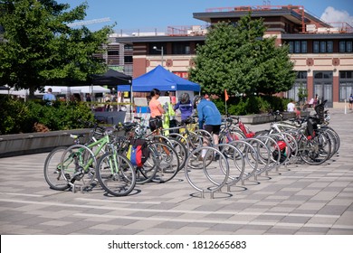 Ottawa, Canada, September 6, 2020.  Multiple bicycles locked on rack at Landsdown park on Sunday