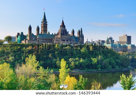 Ottawa cityscape in the day over river with historical architecture.