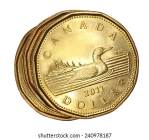 OTTAWA - DECEMBER 2012:  The Canadian one dollar coin, known as the loonie, has replaced the paper dollar bill, and marked its 25th anniversary in 2012, seen in Ottawa December 2012. 