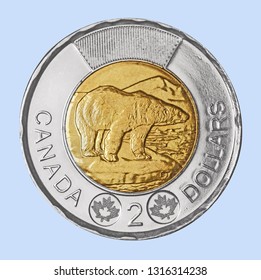 OTTAWA - JANUARY 2019:  Canada's two dollar coin features a polar bear, the symbol of Canada's ecologically threatened northern regions.