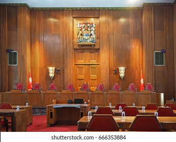 OTTAWA - JUNE 2017:  The Supreme Court Of Canada Is Housed In An Art Deco Building With Seats For Each Of The Nine Judges As Seen In Ottawa Circa 2017.