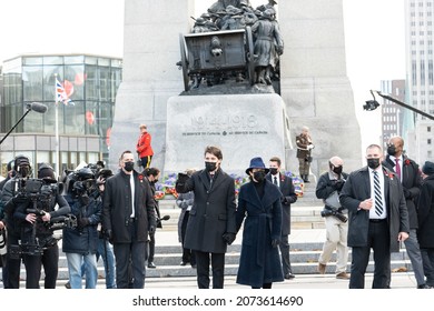 OTTAWA - NOVEMBER 11, 2021: Canadian Prime Minister Justin Trudeau And Wife Sophie Grégoire Trudeau Greet People After Attending The Remembrance Ceremony At National War Memorial