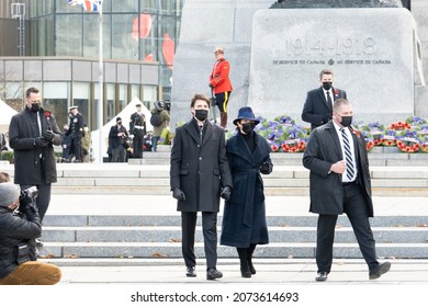 OTTAWA - NOVEMBER 11, 2021: Canadian Prime Minister Justin Trudeau And Wife Sophie Grégoire Trudeau Greet People After Attending The Remembrance Ceremony At National War Memorial