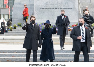 OTTAWA - NOVEMBER 11, 2021: Canadian Prime Minister Justin Trudeau And Wife Sophie Grégoire Trudeau Greet People After Attending The Remembrance Ceremony At National War Memorial