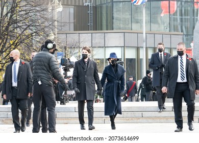 OTTAWA - NOVEMBER 11, 2021: Canadian Prime Minister Justin Trudeau And Wife Sophie Grégoire Trudeau Greet People After Attending The Remembrance Ceremony At National War Memorial