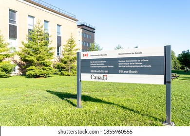 Ottawa, On, Canada - August 7, 2020: A directory sign is seen outside the government of Canada building at 615 Booth Street Ottawa, Ontario, Canada that houses various departments and branches. 