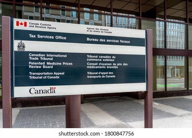 Ottawa, On, Canada - August 9, 2020: Sign Of Tax Service Office, Canadian International Trade Tribunal, Patented Medicine Price Review Board And Transportation Appeal Tribunal Of Canada. 