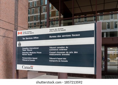 Ottawa, On, Canada - August 9, 2020: Sign Of Tax Service Office, Canadian International Trade Tribunal, Patented Medicine Price Review Board And Transportation Appeal Tribunal Of Canada. 