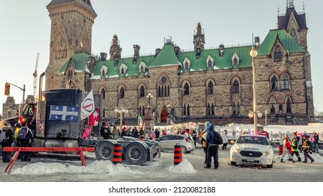 Ottawa, Ontario  Canada - 02 05 2022 : Trucker Convoy In Ottawa Downtown