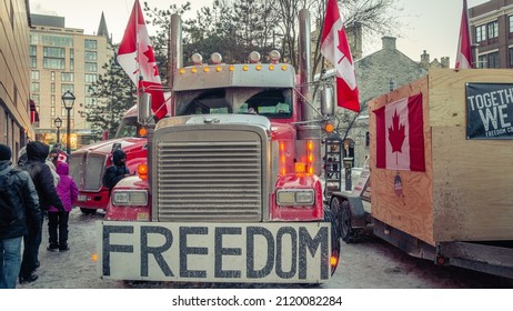 Ottawa, Ontario  Canada - 02 05 2022 : Trucker Convoy In Ottawa Downtown