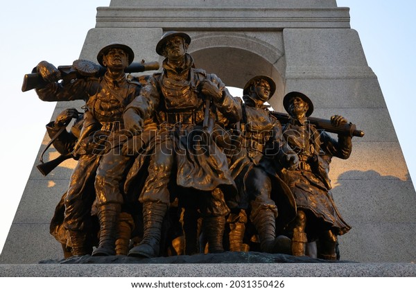 OTTAWA ONTARIO CANADA 08 22 2021:\
National  War Memorial , is a tall granite cenotaph with acreted\
bronze sculptures, that stands in Confederation\
Square