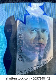 Ottawa, Ontario, Canada - 2021: The  Blue $5 (five Dollar) Polymer Bill From The 2011 Frontier Series Of Canadian Currency. Hologram Image Of Wilfrid Laurier, Statesman And Prime Minister Of Canada. 