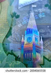 Ottawa, Ontario, Canada - 2021: The Green $20 (twenty Dollar) Polymer Bill From The 2011 Frontier Series Of Canadian Currency. Hologram Image  Of Peace Tower Of Parliament Hill Building.