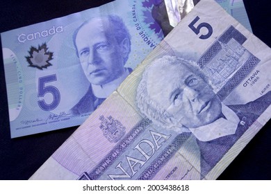 Ottawa, Ontario, Canada - 2021: The Obverse Of Blue $5 (five Dollar) Polymer Bill From 2011 Frontier Series And 2001 Canadian Journey Currency Series.  Wilfrid Laurier, Prime Minister And Statesman.