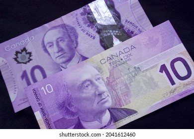 Ottawa, Ontario, Canada - 2021: The Obverse Of Violet $10 (ten Dollar) Polymer Bill From 2011 Frontier Series And 2001 Canadian Journey Currency Series. John A. Macdonald, The First Prime Minister.