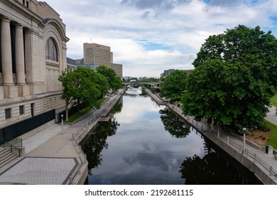 Ottawa, Ontario, Canada -2022: The Senate Of Canada, Government Conference Centre, Rideau Canal And Waterway, National Defense Headquarters (Pearkes Building), Laurier Avenue Bridge. View From Plaza.