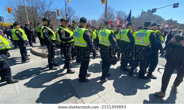 Ottawa Ontario Canada April 30 2022. Rolling
Thunder protest and demonstration police presence. Police were out
in many numbers patrolling the event this morning in downtown
Ottawa Ontario Canada.