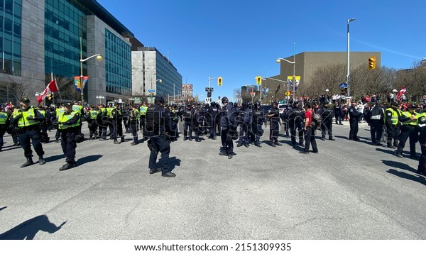 Ottawa Ontario Canada April 30 2022. Rolling\
Thunder protest and demonstration police presence. Police were out\
in many numbers patrolling the event this morning in downtown\
Ottawa Ontario Canada.
