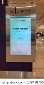 Ottawa Ontario Canada August 10 2020. Covid-19 St.Laurent Shopping Center Guest Services Now Open Signage.