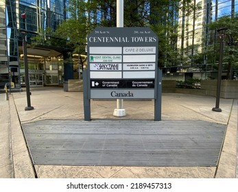 Ottawa Ontario Canada August 12 2022. Centennial Towers Entrance Way Information Kiosk Sign.