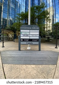 Ottawa Ontario Canada August 12 2022. Centennial Towers Entrance Way Information Kiosk Sign.