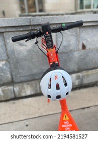 Ottawa Ontario Canada August 25 2022. Street Scooter Handle Bar And Helmet Outside The Chateau Laurier Hotel.