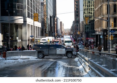 Ottawa, Ontario Canada - Feb 05, 2022: Trucker Freedom Convoy - Police Presence And Barricades 