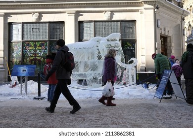 Ottawa, Ontario, Canada - February 08, 2020: Canadian Museum of Nature Mastodon Ice Sculpture on Sparks Street as part of Winterlude 2020 festivities.