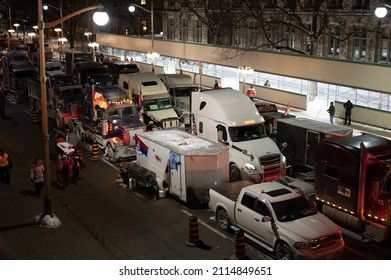 Ottawa, Ontario Canada - Jan 29 2022: Trucker Freedom Convoy - Night - Street Blocked