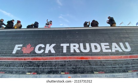 Ottawa Ontario Canada January 29 2022. Freedom convoy 2022 fuck Trudeau truck on Wellington Street in the downtown area.