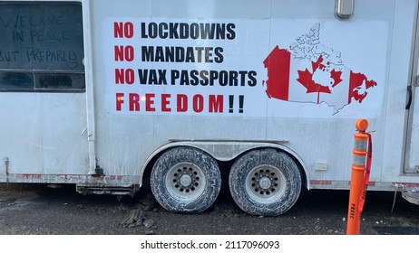 Ottawa Ontario Canada January 29 2022. Freedom convoy 2022 transport truck signage reading no lockdowns no mandates no tax passports freedom!!.