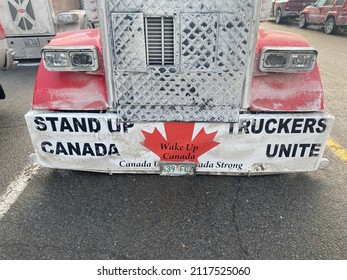 Ottawa Ontario Canada January 29 2022. Freedom convoy 2022 transport truck protest signage reading stand up Canada truckers unite.