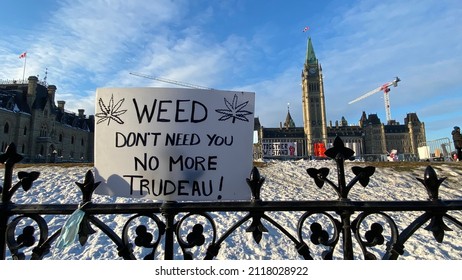 Ottawa Ontario Canada January 29 2022. Freedom convoy 2022 protesting signage at Canadian Parliament Hill.